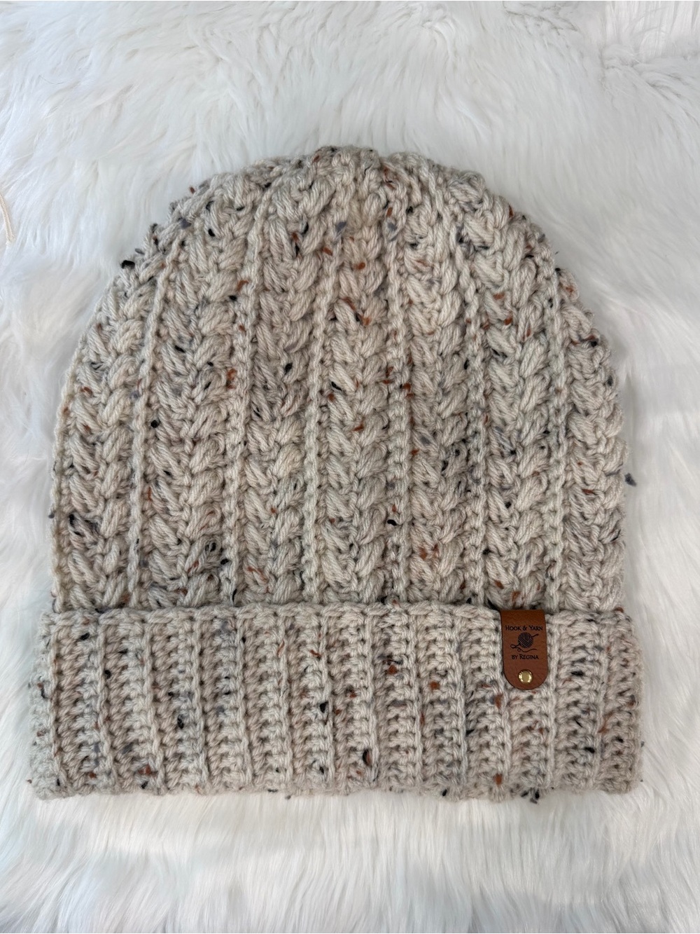 Speckled Cream Crochet Beanie with Folded Cuff